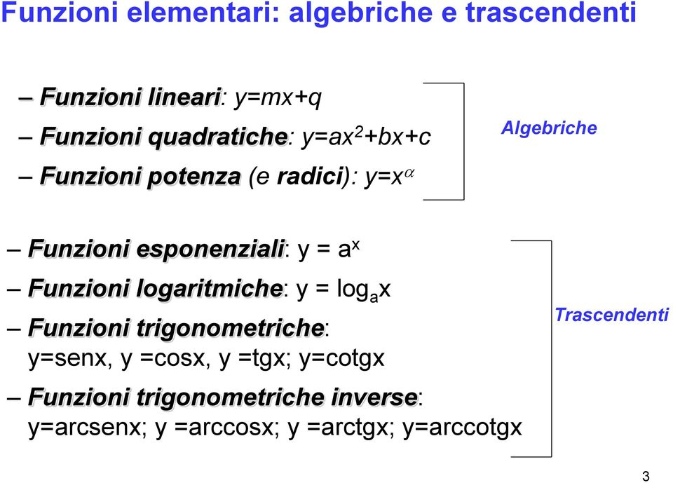 y = a x Funzioni logaritmiche: y = log a x Funzioni trigonometriche: y=senx, y =cosx, y
