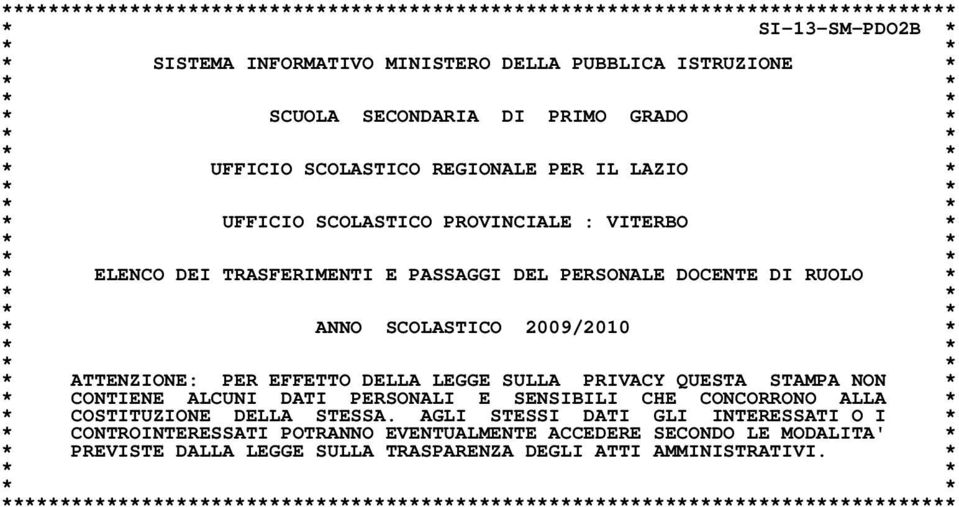 * * * * * ANNO SCOLASTICO 2009/2010 * * * * * * ATTENZIONE: PER EFFETTO DELLA LEGGE SULLA PRIVACY QUESTA STAMPA NON * * CONTIENE ALCUNI DATI PERSONALI E SENSIBILI CHE CONCORRONO ALLA * * COSTITUZIONE