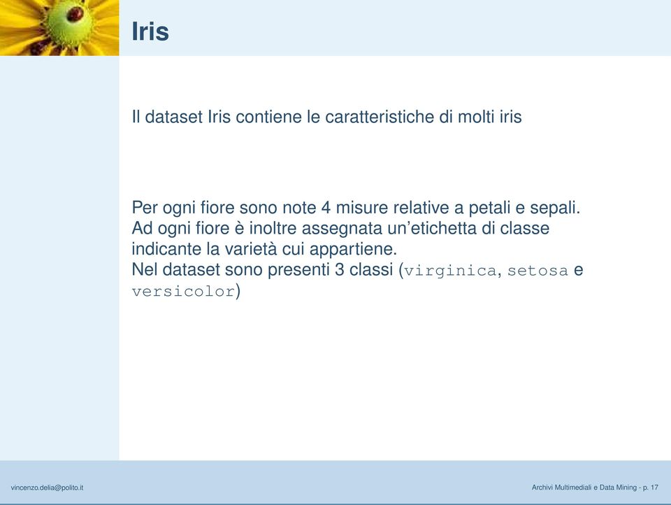 Ad ogni fiore è inoltre assegnata un etichetta di classe indicante la varietà cui