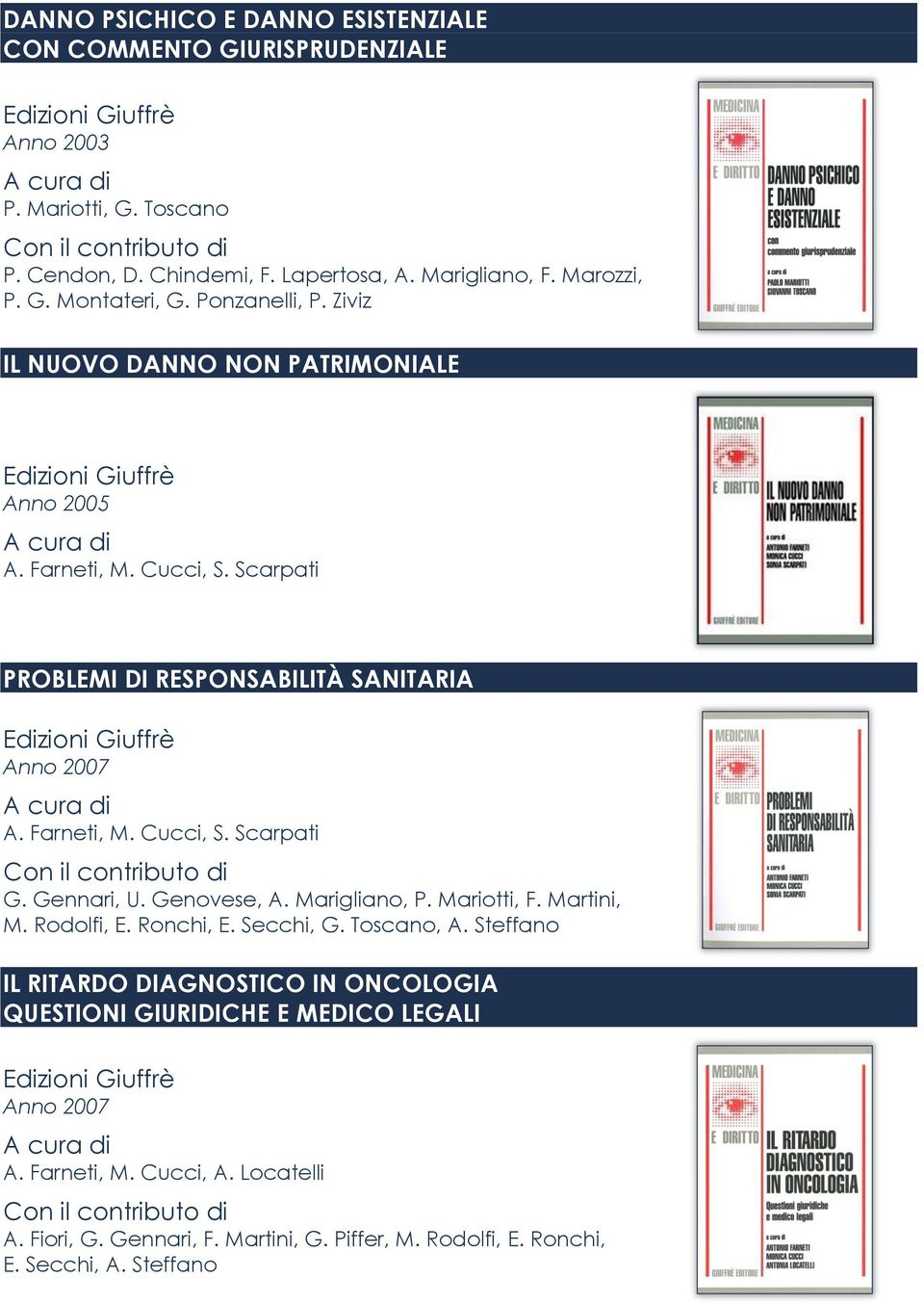 Scarpati PROBLEMI DI RESPONSABILITÀ SANITARIA Edizioni Giuffrè Anno 2007 A. Farneti, M. Cucci, S. Scarpati Con il contributo di G. Gennari, U. Genovese, A. Marigliano, P. Mariotti, F. Martini, M.