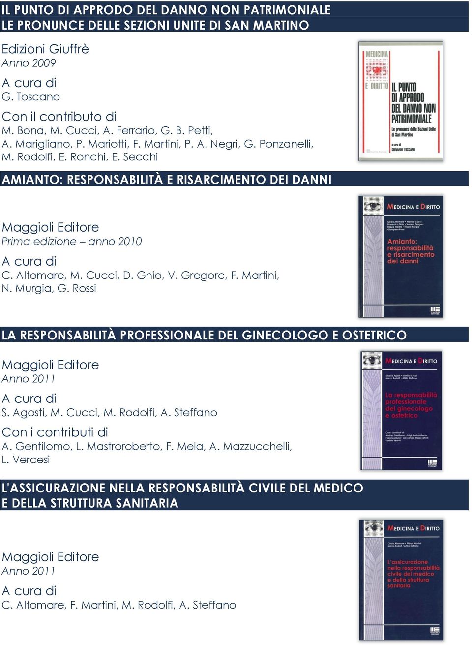 Altomare, M. Cucci, D. Ghio, V. Gregorc, F. Martini, N. Murgia, G. Rossi LA RESPONSABILITÀ PROFESSIONALE DEL GINECOLOGO E OSTETRICO Maggioli Editore Anno 2011 S. Agosti, M. Cucci, M. Rodolfi, A.