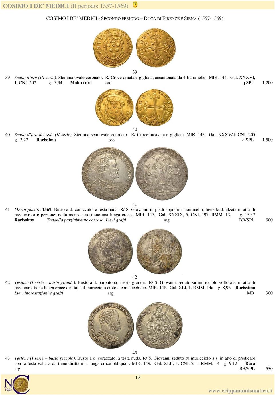 R/ Croce incavata e gigliata. MIR. 143. Gal. XXXV/4. CNI. 205 g. 3,27 Rarissima oro q.spl 1.500 41 41 Mezza piastra 1569. Busto a d. corazzato, a testa nuda. R/ S.