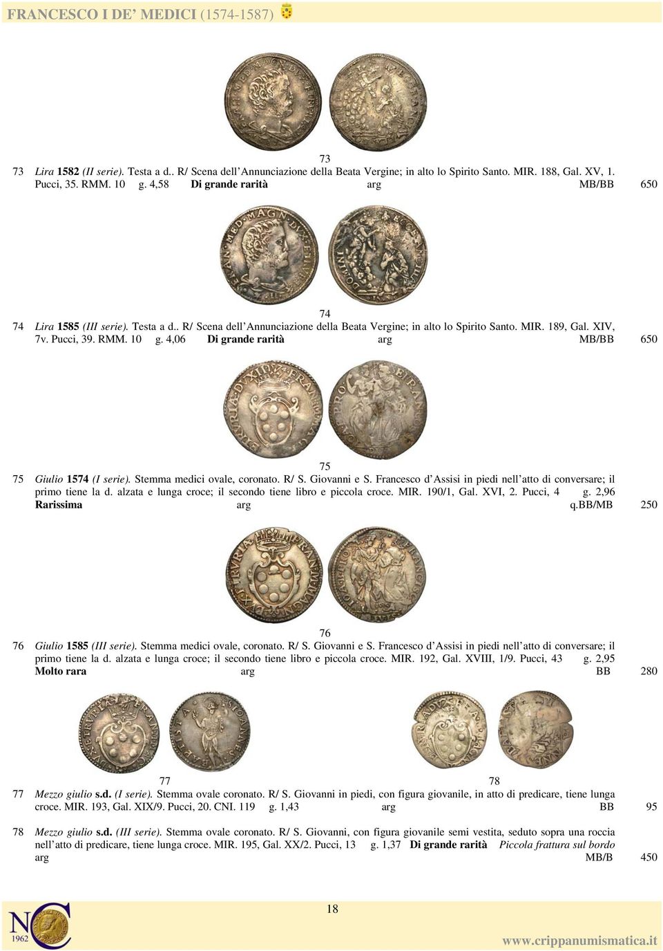 4,06 Di grande rarità arg MB/BB 650 75 75 Giulio 1574 (I serie). Stemma medici ovale, coronato. R/ S. Giovanni e S. Francesco d Assisi in piedi nell atto di conversare; il primo tiene la d.