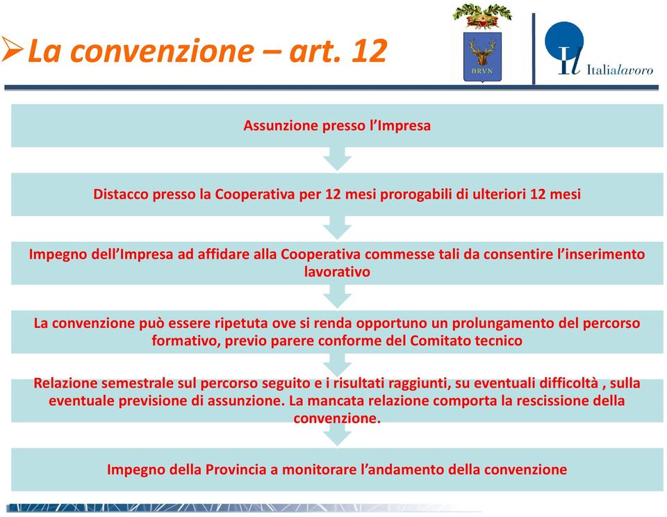 commesse tali da consentire l inserimento lavorativo La convenzione può essere ripetuta ove si renda opportuno un prolungamento del percorso formativo, previo