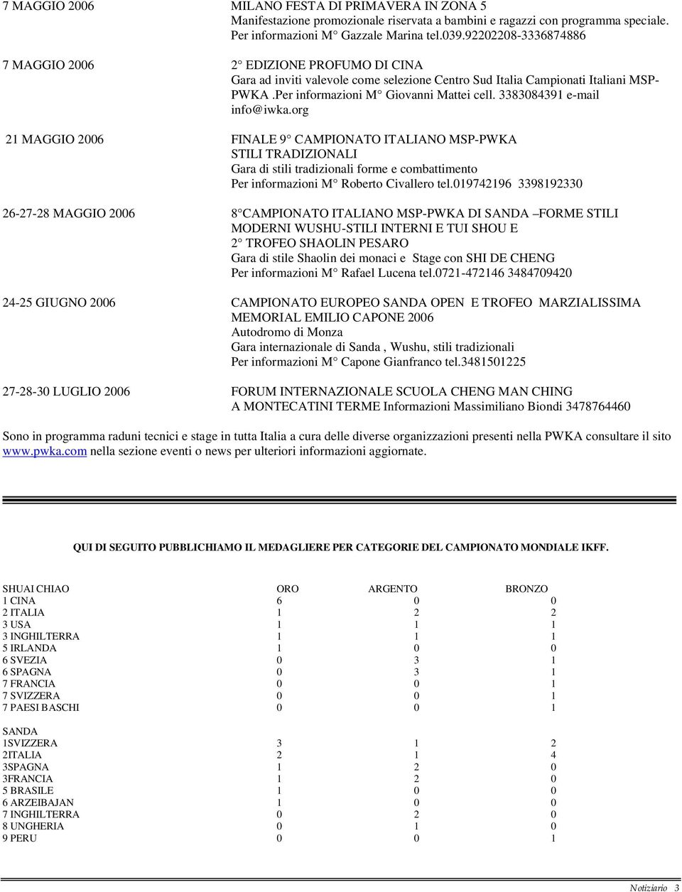 3383084391 e-mail info@iwka.org 21 MAGGIO 2006 FINALE 9 CAMPIONATO ITALIANO MSP-PWKA STILI TRADIZIONALI Gara di stili tradizionali forme e combattimento Per informazioni M Roberto Civallero tel.