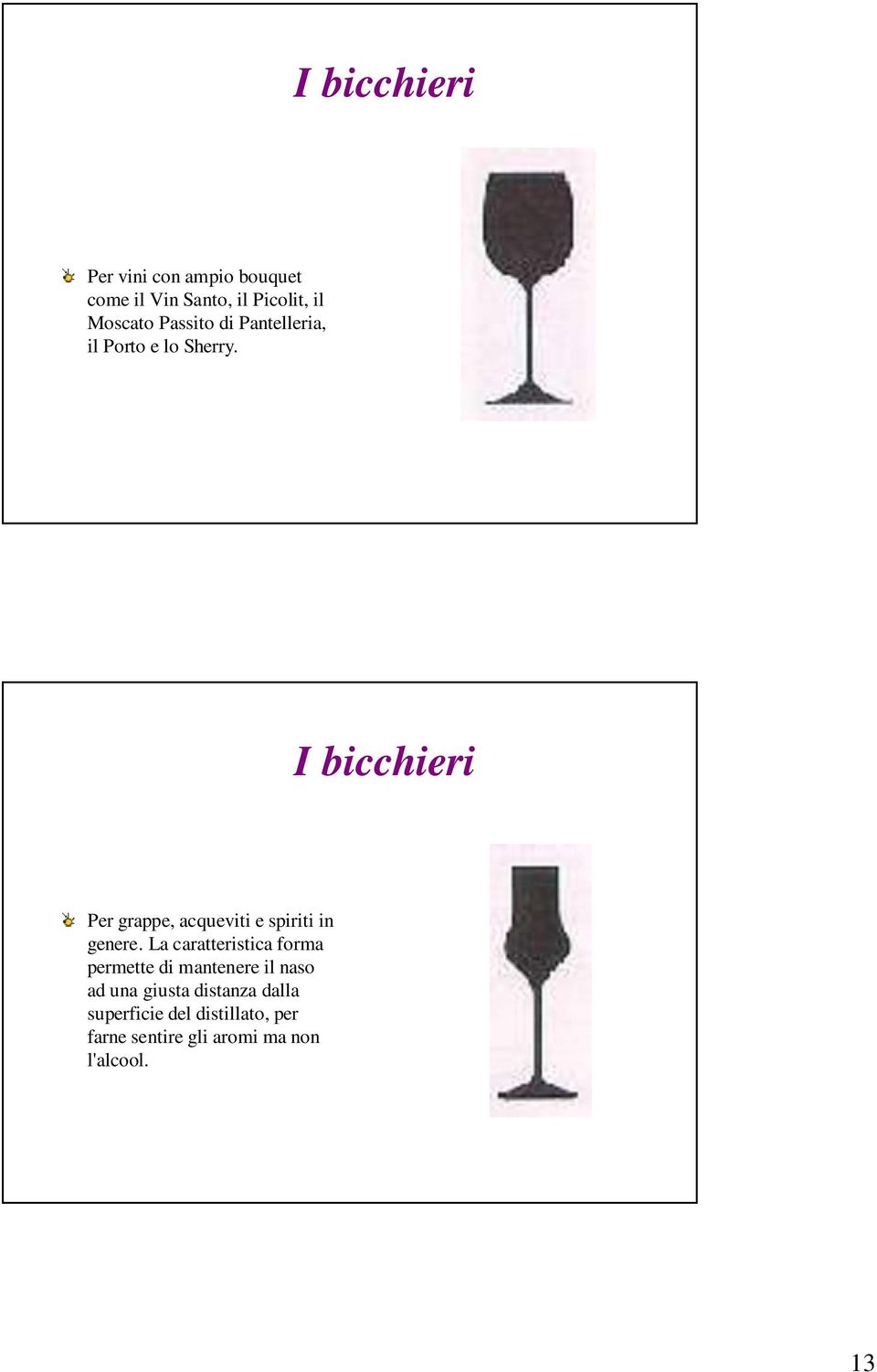 I bicchieri Per grappe, acqueviti e spiriti in genere.