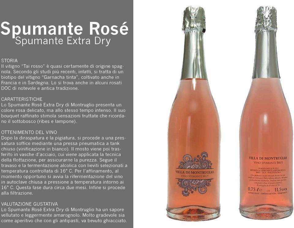 Lo si trova anche in alcuni rosati DOC di notevole e antica tradizione. CARATTERISTICHE Lo Spumante Rosé Extra Dry di Montruglio presenta un colore rosa delicato, ma allo stesso tempo intenso.