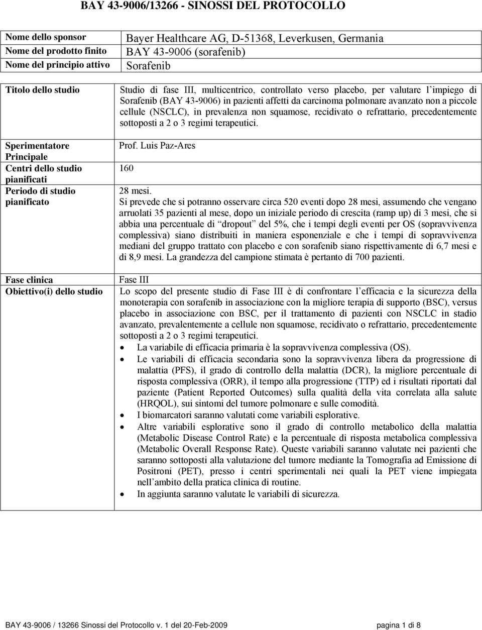 placebo, per valutare l impiego di Sorafenib (BAY 43-9006) in pazienti affetti da carcinoma polmonare avanzato non a piccole cellule (NSCLC), in prevalenza non squamose, recidivato o refrattario,