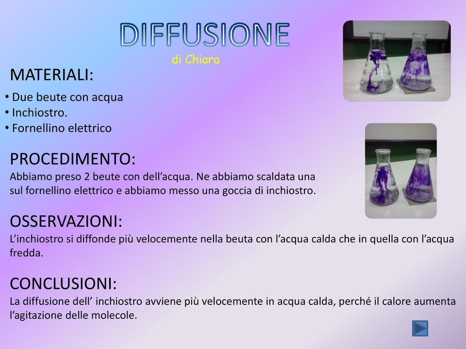 OSSERVAZIONI: L inchiostro si diffonde più velocemente nella beuta con l acqua calda che in quella con l acqua