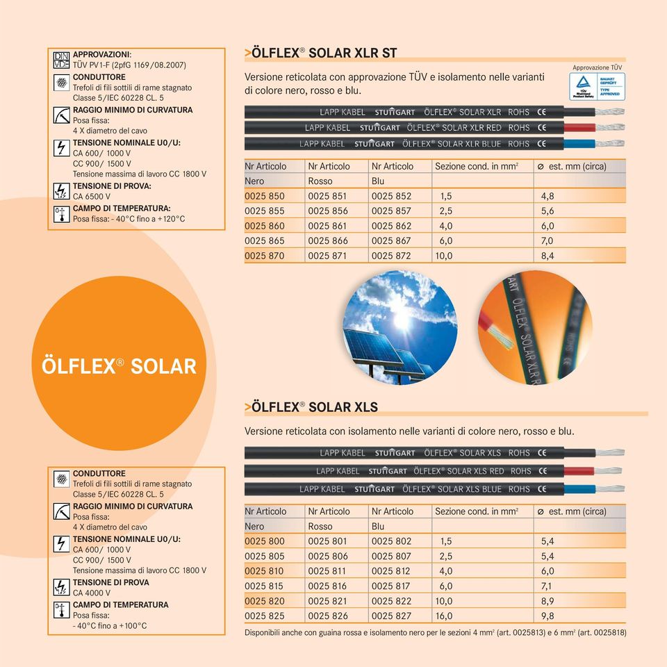 fino a +120 C >ÖLFLEX SOLAR XLR ST Versione reticolata con approvazione TÜV e isolamento nelle varianti di colore nero, rosso e blu. Nr Articolo Nr Articolo Nr Articolo Sezione cond. in mm 2 est.