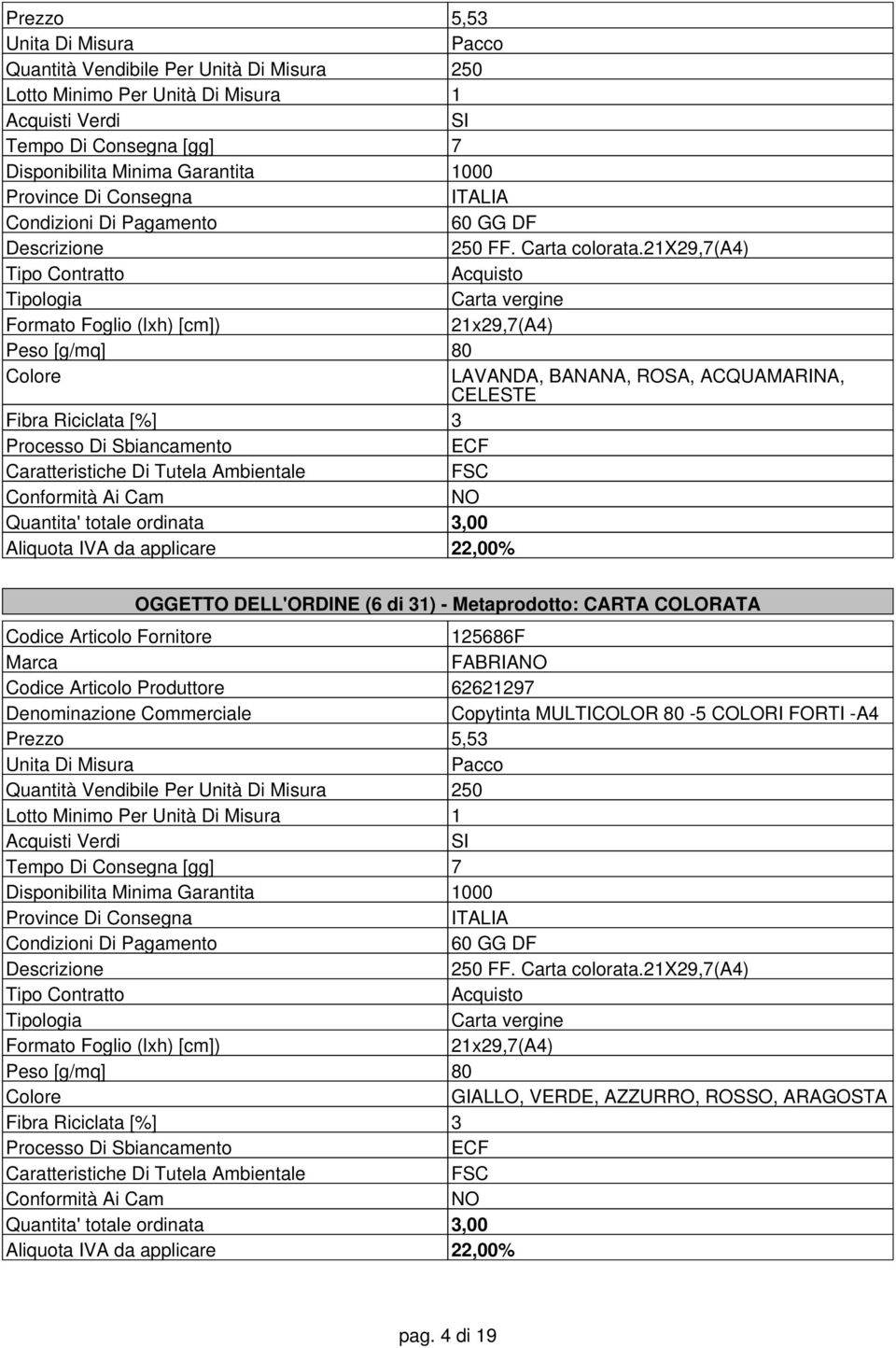 Tutela Ambientale FSC Conformità Ai Cam NO OGGETTO DELL'ORDINE (6 di 31) - Metaprodotto: CARTA COLORATA 125686F FABRIANO Codice Articolo Produttore 62621297 Copytinta MULTICOLOR 80-5 COLORI FORTI -A4