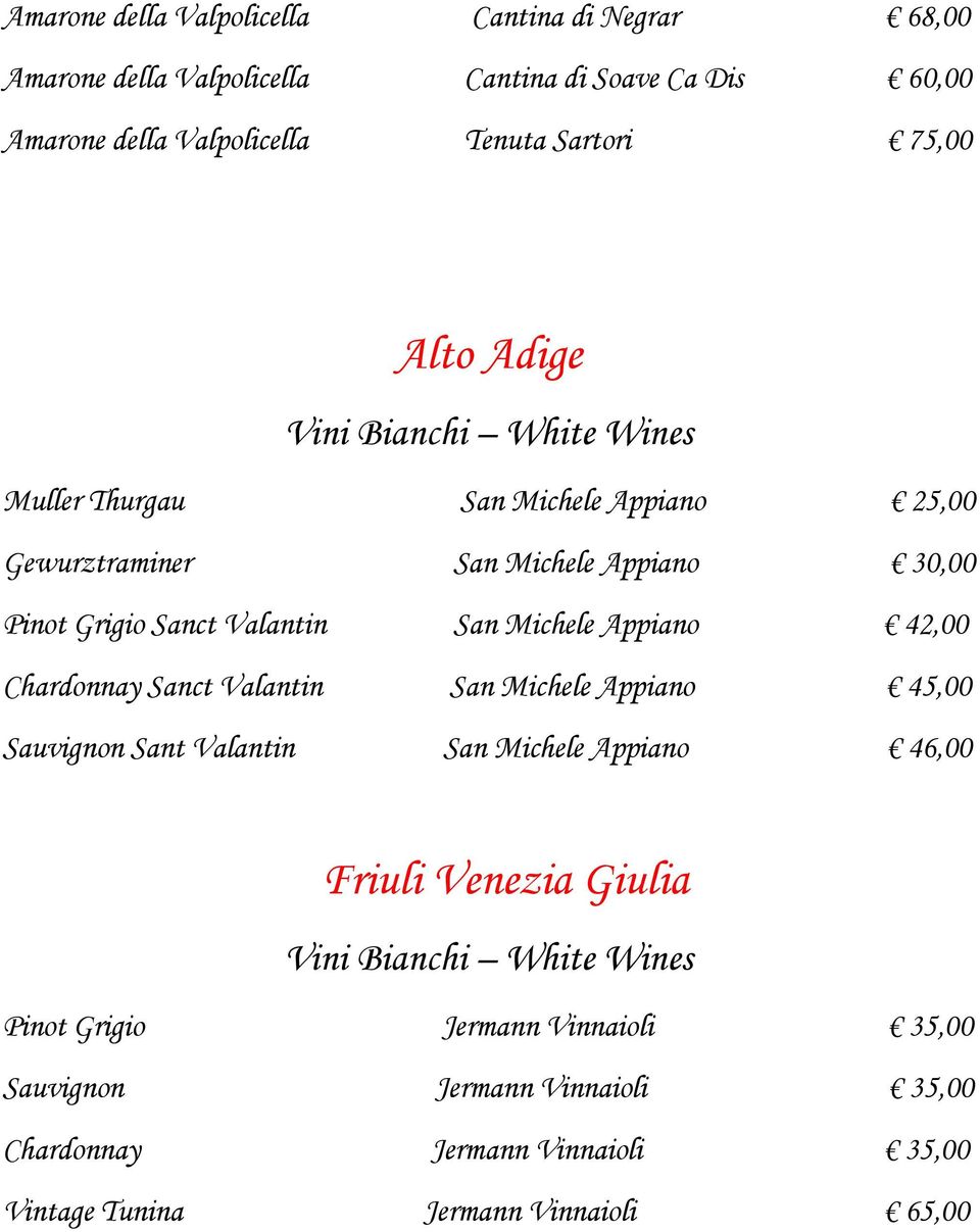 Michele Appiano 42,00 Chardonnay Sanct Valantin San Michele Appiano 45,00 Sauvignon Sant Valantin San Michele Appiano 46,00 Friuli Venezia