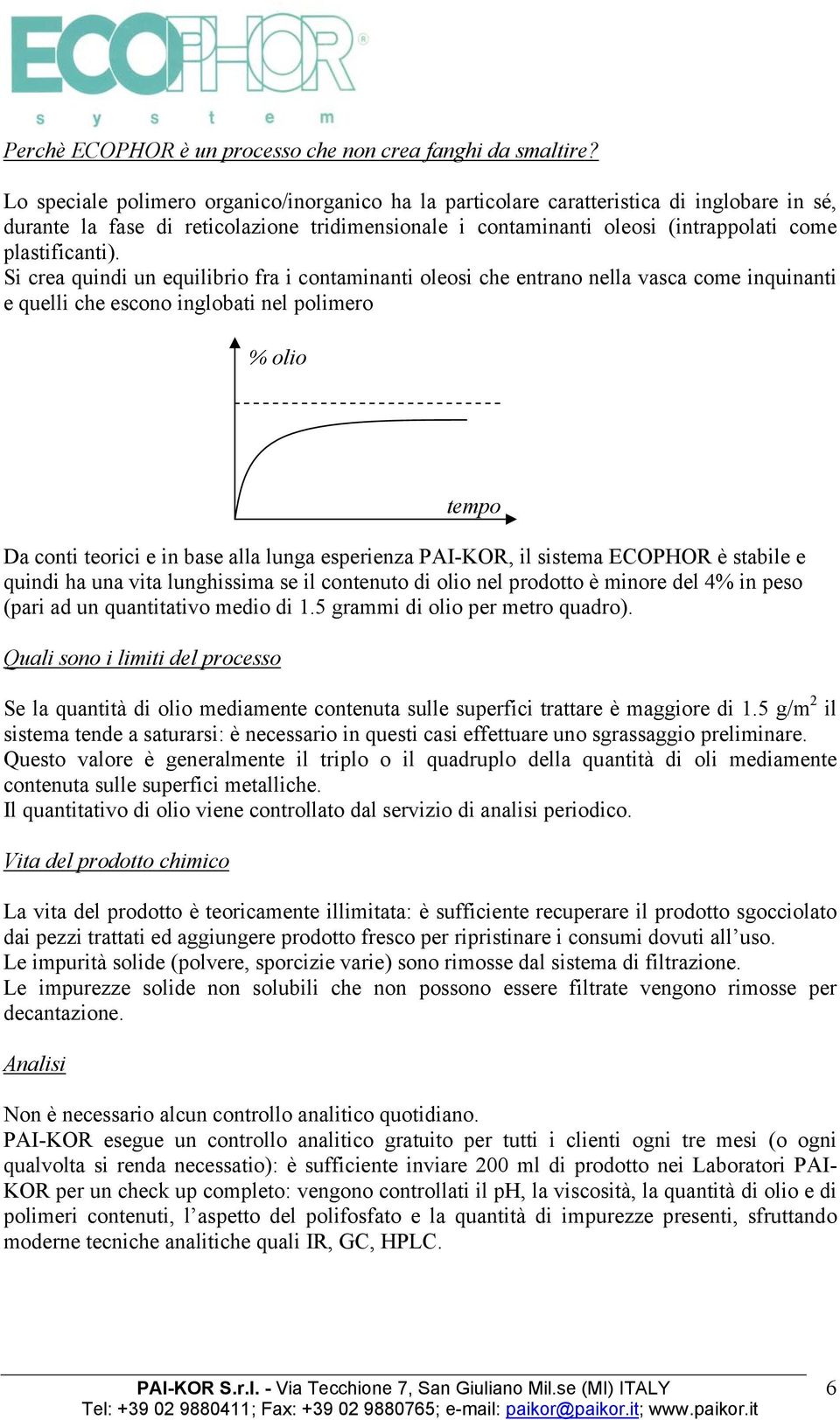 Si crea quindi un equilibrio fra i contaminanti oleosi che entrano nella vasca come inquinanti e quelli che escono inglobati nel polimero % olio Da conti teorici e in base alla lunga esperienza