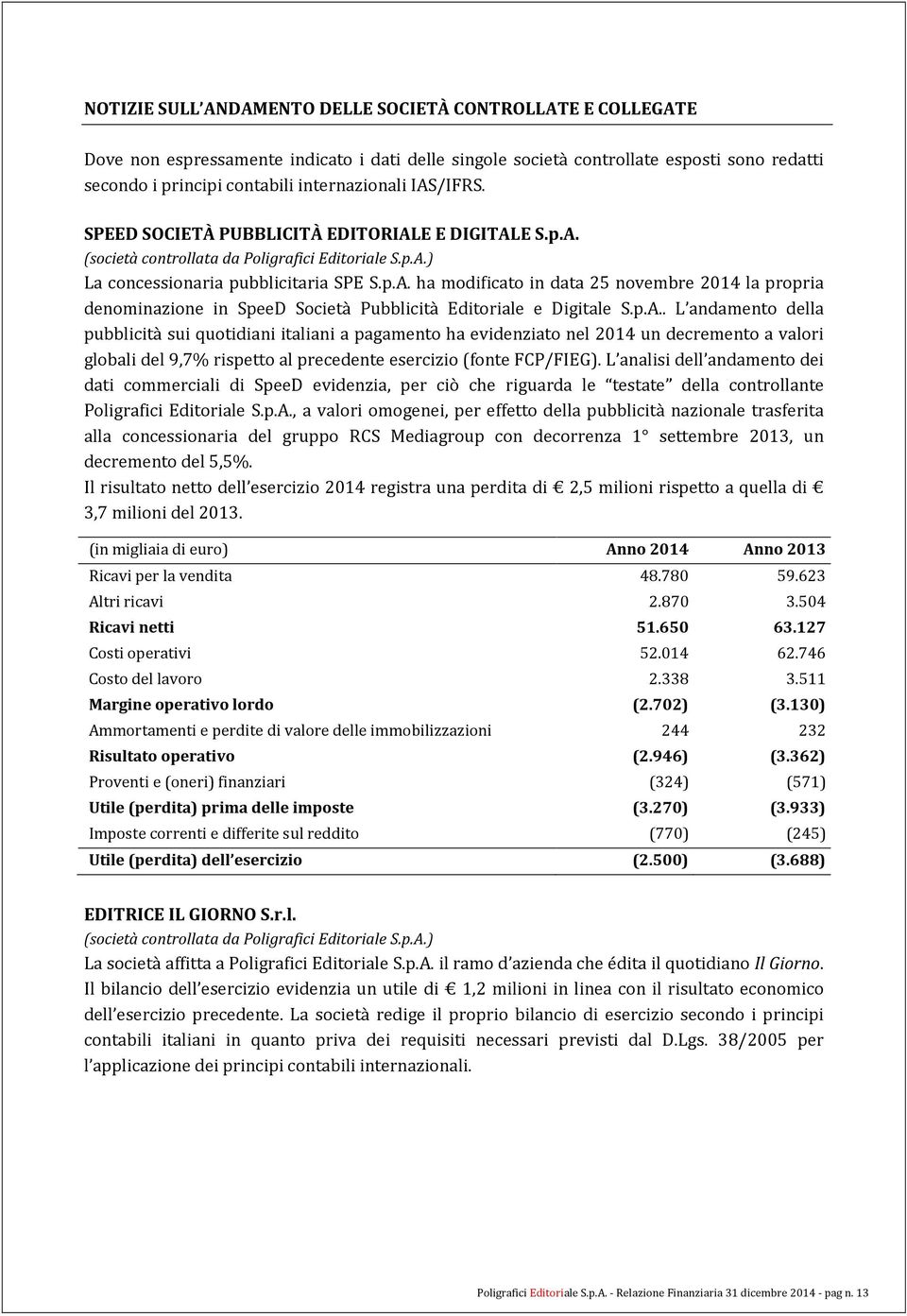 p.A.. L andamento della pubblicità sui quotidiani italiani a pagamento ha evidenziato nel 2014 un decremento a valori globali del 9,7% rispetto al precedente esercizio (fonte FCP/FIEG).