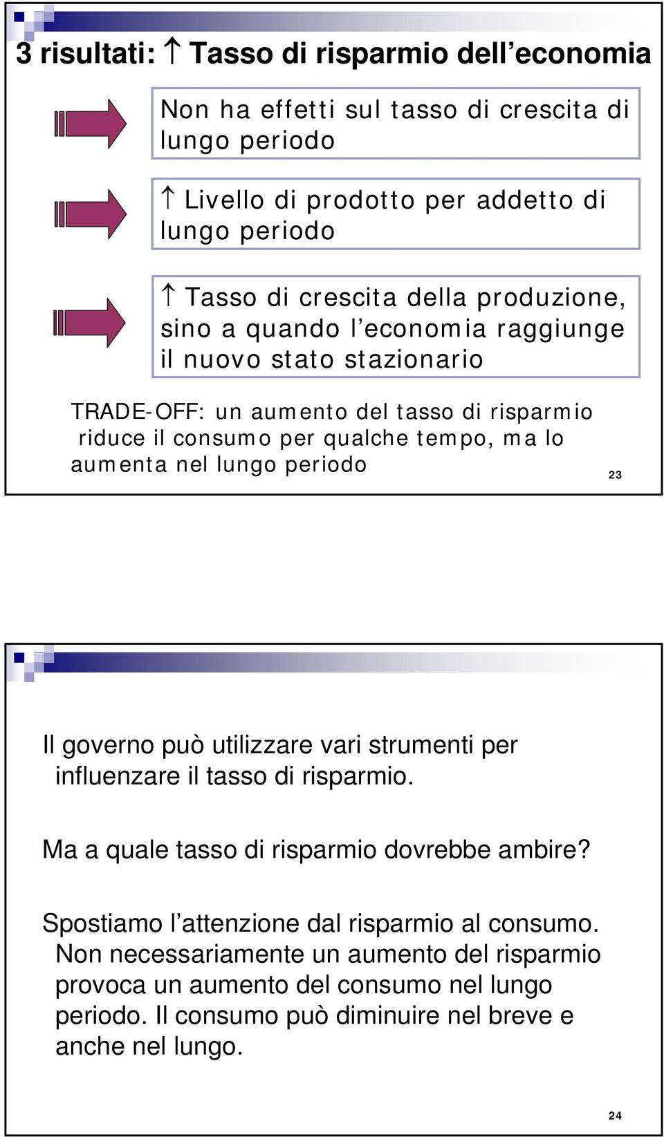 nel lungo periodo 23 Il governo può utilizzare vari strumenti per influenzare il tasso di risparmio. Ma a quale tasso di risparmio dovrebbe ambire?