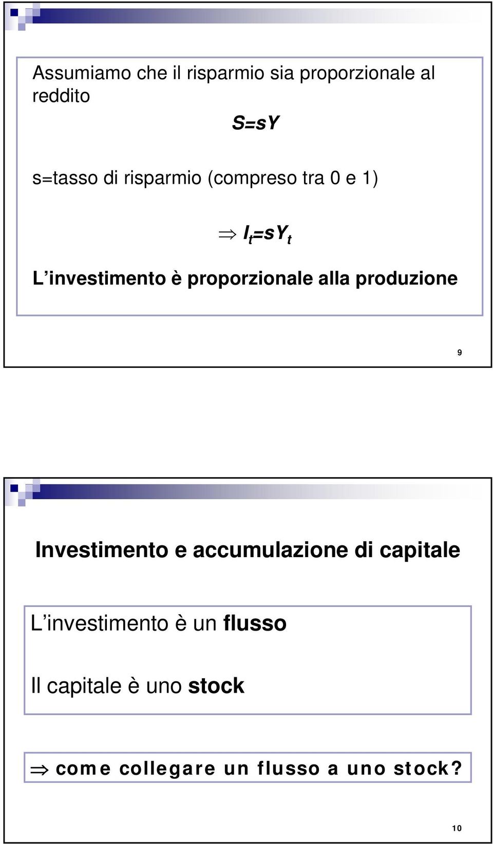 alla produzione 9 Investimento e accumulazione di capitale L investimento