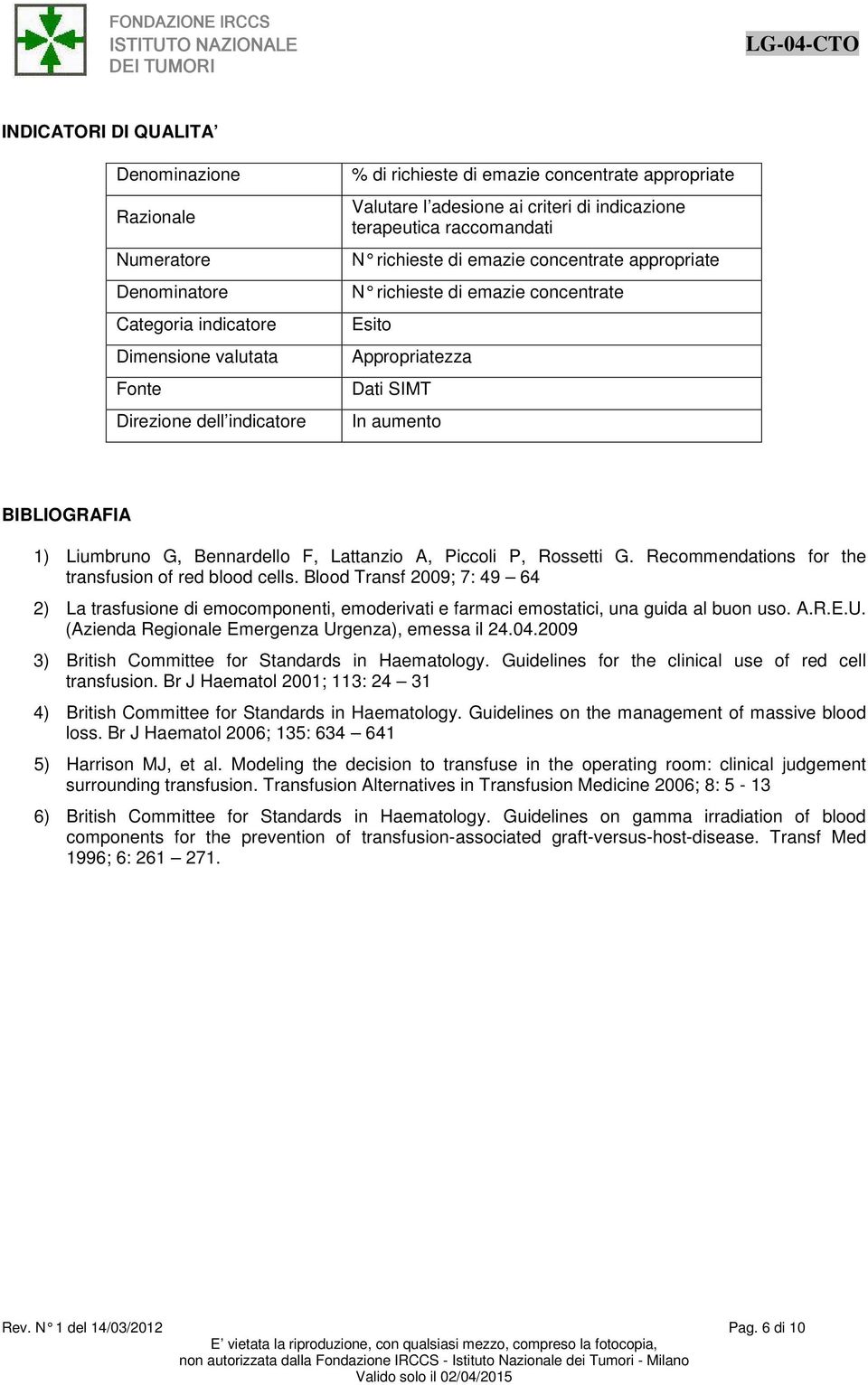 BIBLIOGRAFIA 1) Liumbruno G, Bennardello F, Lattanzio A, Piccoli P, Rossetti G. Recommendations for the transfusion of red blood cells.