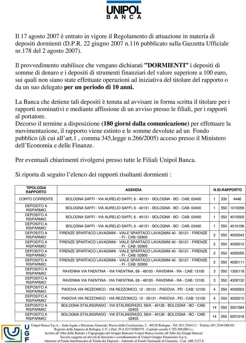 operazioni ad iniziativa del titolare del rapporto o da un suo delegato per un periodo di 10 anni.