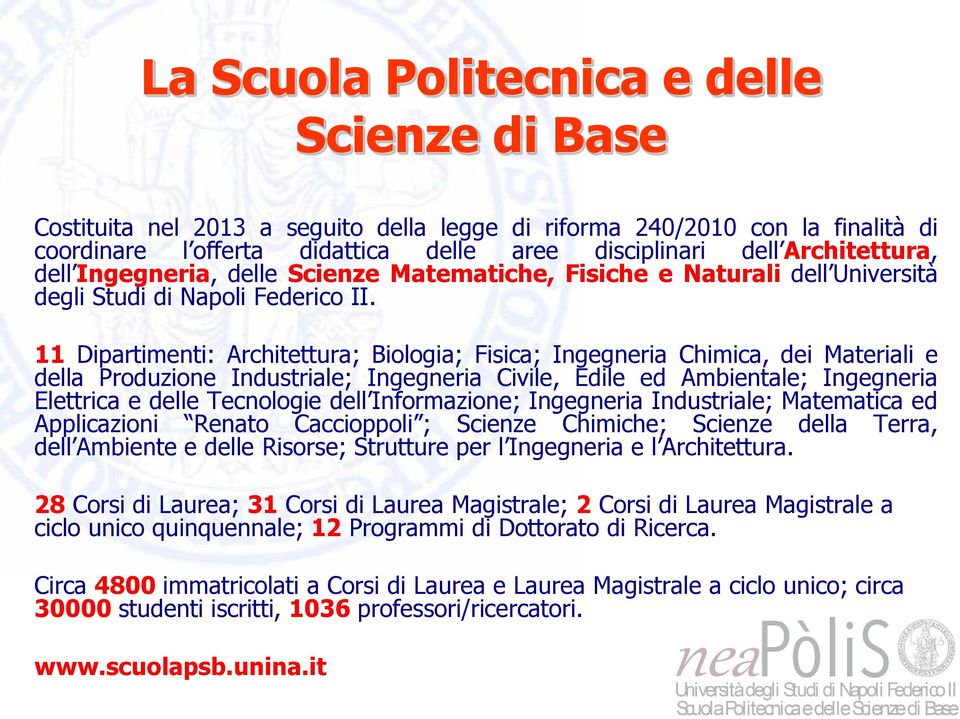 11 Dipartimenti: Architettura; Biologia; Fisica; Ingegneria Chimica, dei Materiali e della Produzione Industriale; Ingegneria Civile, Edile ed Ambientale; Ingegneria Elettrica e delle Tecnologie dell