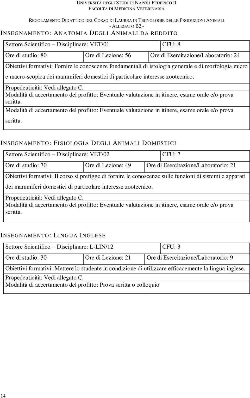 INSEGNAMENTO: FISIOLOGIA DEGLI ANIMALI DOMESTICI Settore Scientifico Disciplinare: VET/02 CFU: 7 Ore di studio: 70 Ore di Lezione: 49 Ore di Esercitazione/Laboratorio: 21 Obiettivi formativi: Il