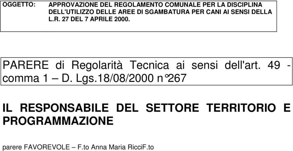 ARERE di Regolarità Tecnica ai sensi dell'art. 49 - comma 1 D. Lgs.