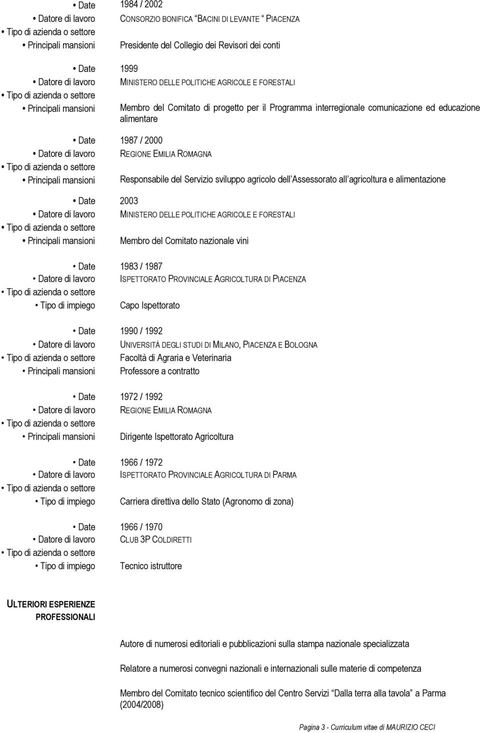 MINISTERO DELLE POLITICHE AGRICOLE E FORESTALI Membro del Comitato nazionale vini 1983 / 1987 ISPETTORATO PROVINCIALE AGRICOLTURA DI PIACENZA Capo Ispettorato 1990 / 1992 UNIVERSITÀ DEGLI STUDI DI