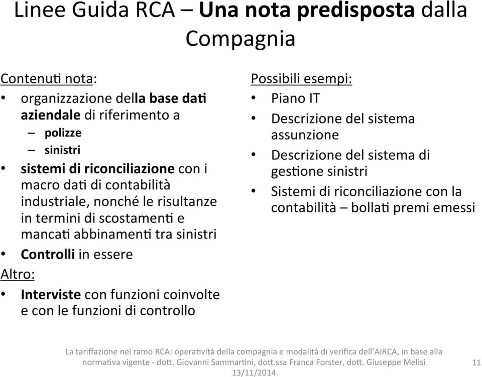 abbinamen4 tra sinistri Controlli in essere Altro: Interviste con funzioni coinvolte e con le funzioni di controllo Possibili esempi: Piano