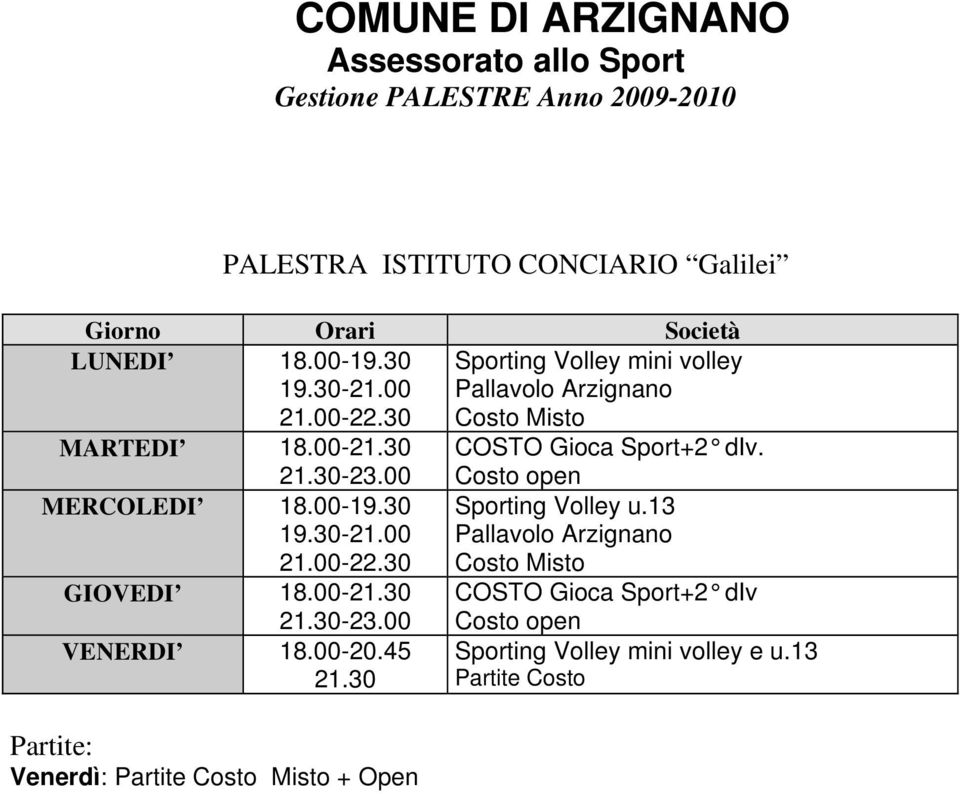 45 21.30 Partite: Venerdì: Partite Costo Misto + Open Costo open Sporting Volley u.