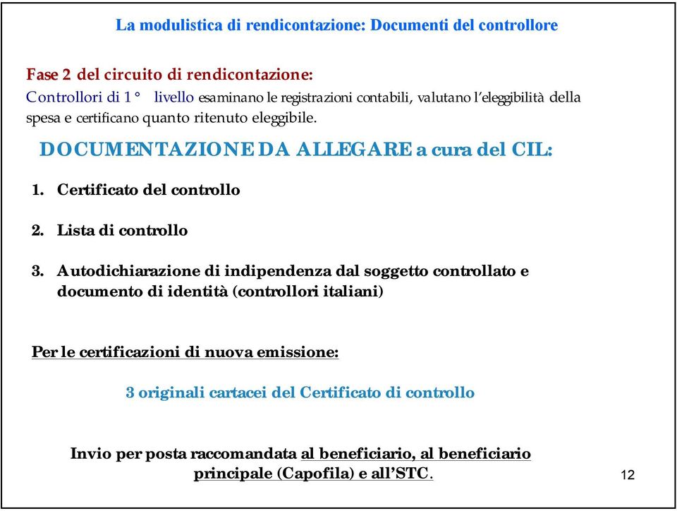 Certificato del controllo 2. Lista di controllo 3.