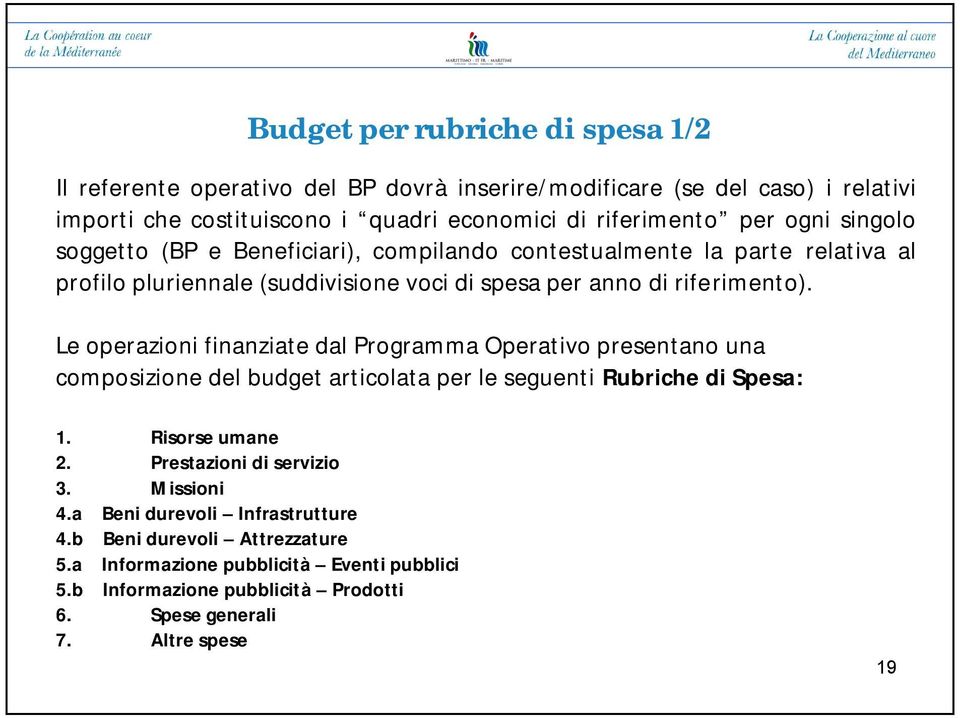 Le operazioni finanziate dal Programma Operativo presentano una composizione del budget articolata per le seguenti Rubriche di Spesa: 1. Risorse umane 2.