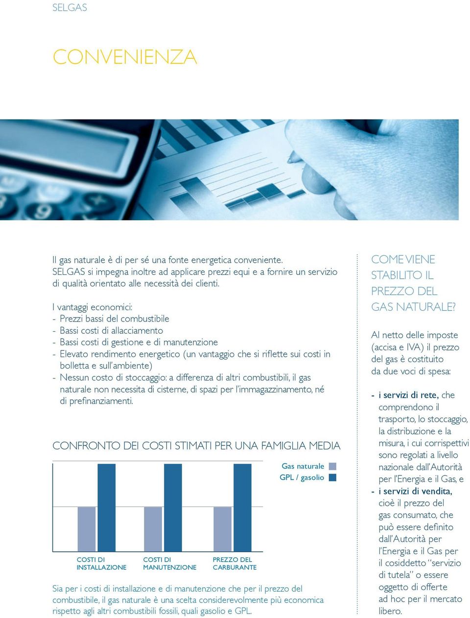 I vantaggi economici: - Prezzi bassi del combustibile - Bassi costi di allacciamento - Bassi costi di gestione e di manutenzione - Elevato rendimento energetico (un vantaggio che si riflette sui