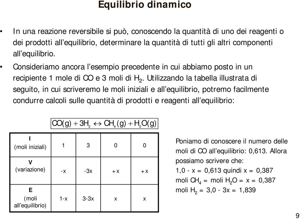 Utilizzando la tabella illustrata di seguito, in cui scriveremo le moli iniziali e all equilibrio, potremo facilmente condurre calcoli sulle quantità di prodotti e reagenti all equilibrio: CO(g) + 3H