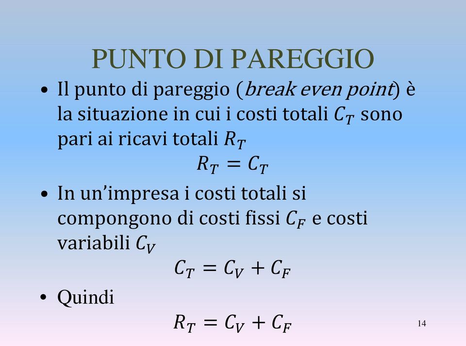 T R T = C T In un impresa i costi totali si compongono di costi