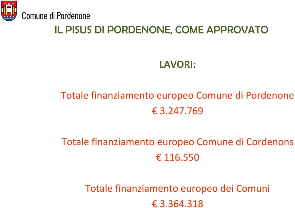 769 Totale finanziamento europeo Comune di Cordenons