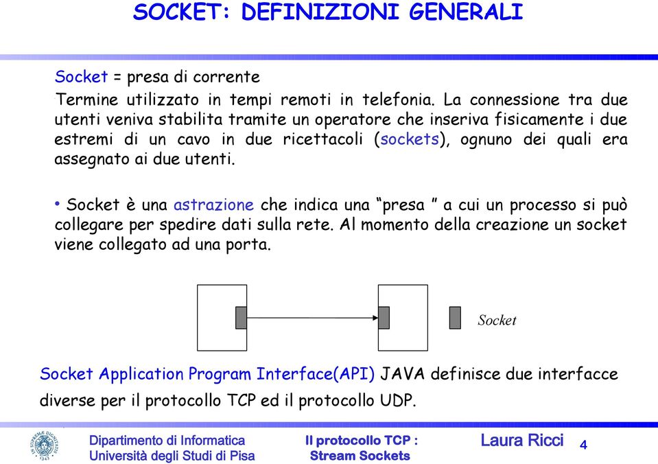 dei quali era assegnato ai due utenti. Socket è una astrazione che indica una presa a cui un processo si può collegare per spedire dati sulla rete.