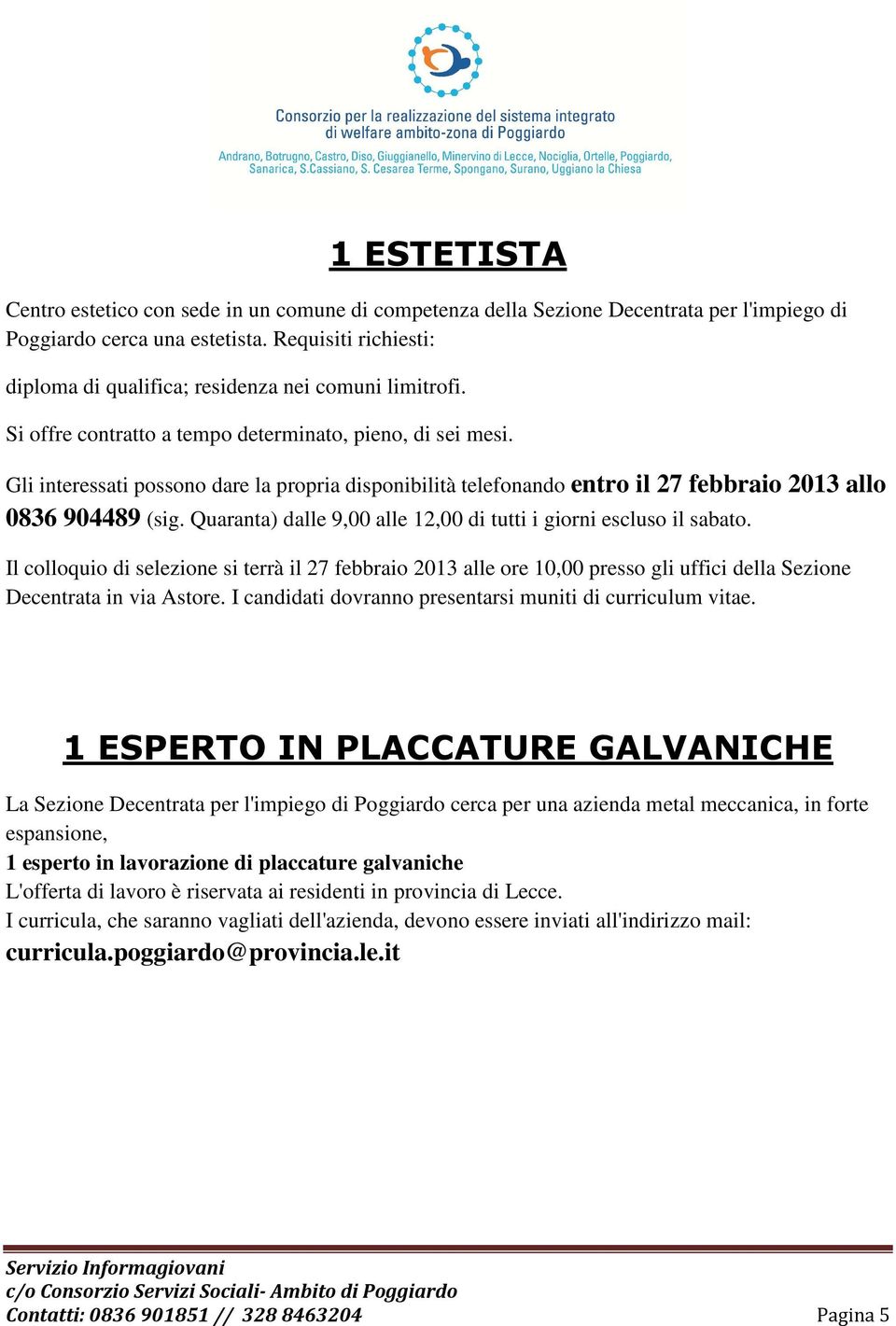 Gli interessati possono dare la propria disponibilità telefonando entro il 27 febbraio 2013 allo 0836 904489 (sig. Quaranta) dalle 9,00 alle 12,00 di tutti i giorni escluso il sabato.