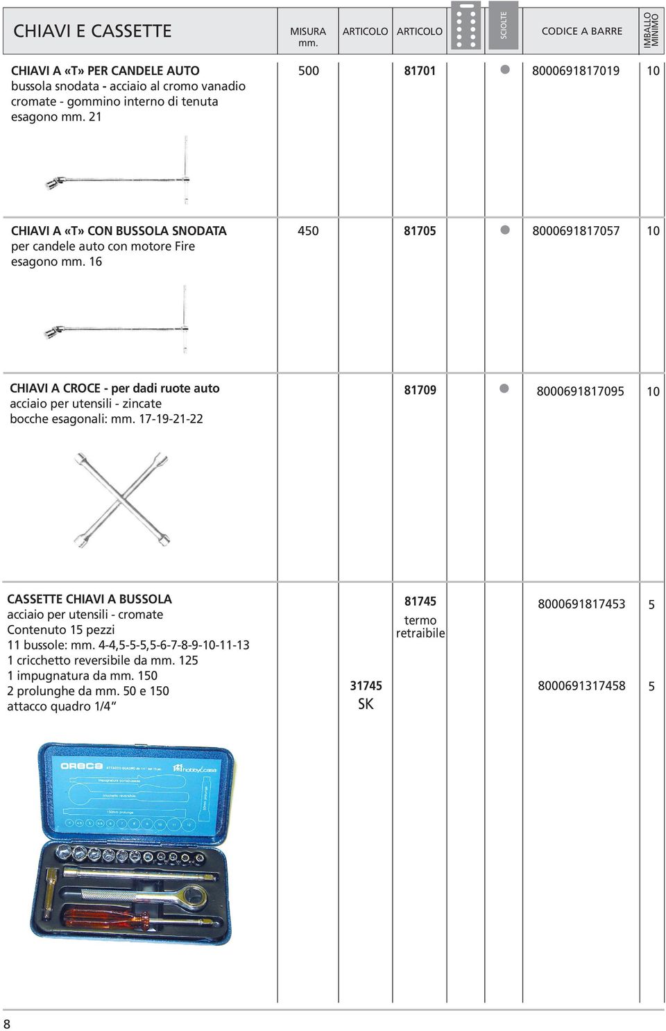 utensili - zincate bocche esagonali: 17-19-21-22 81709 8000691817095 CASSETTE CHIAVI A BUSSOLA acciaio per utensili - cromate Contenuto 15 pezzi 11 bussole: