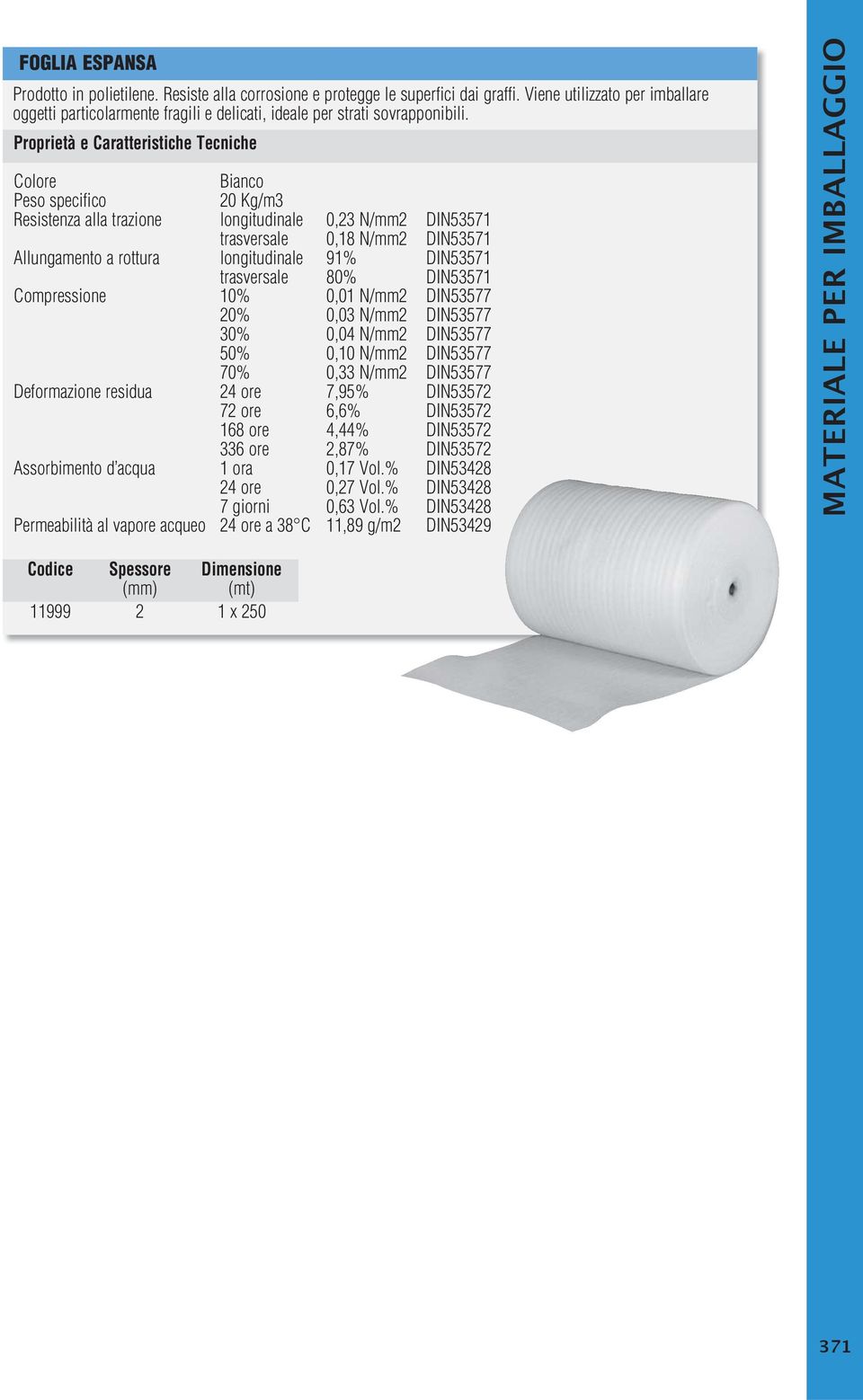 Proprietà e Caratteristiche Tecniche Colore Bianco Peso specifico 20 Kg/m3 Resistenza alla trazione longitudinale 0,23 N/mm2 DIN53571 trasversale 0,18 N/mm2 DIN53571 Allungamento a rottura