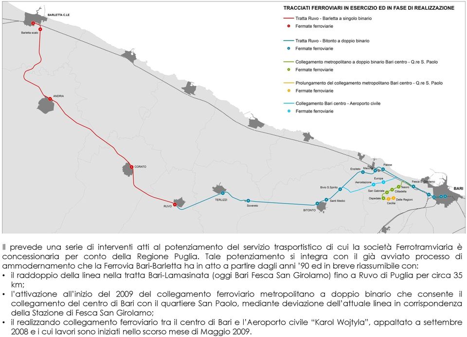 nella tratta Bari-Lamasinata (oggi Bari Fesca San Girolamo) fino a Ruvo di Puglia per circa 35 km; l attivazione all inizio del 2009 del collegamento ferroviario metropolitano a doppio binario che