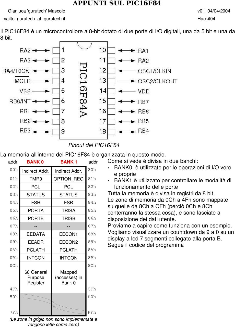 Pinout del PIC16F84 La memoria all'interno del PIC16F84 è organizzata in questo modo.