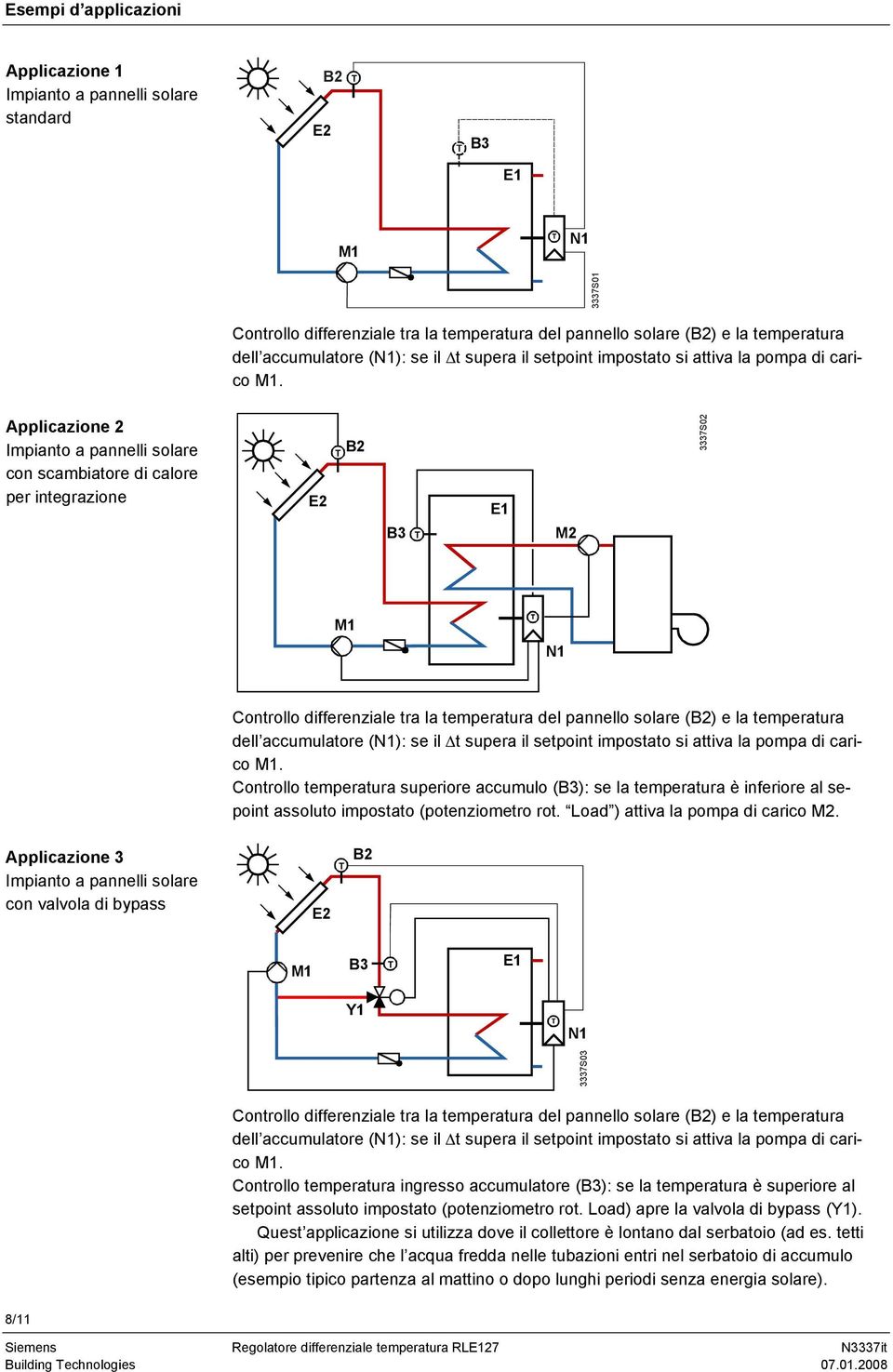 Applicazione 2 con scambiatore di calore per integrazione 2 E3 3337S02 1 Controllo differenziale tra la temperatura del pannello solare () e la temperatura dell accumulatore (): se il t supera il