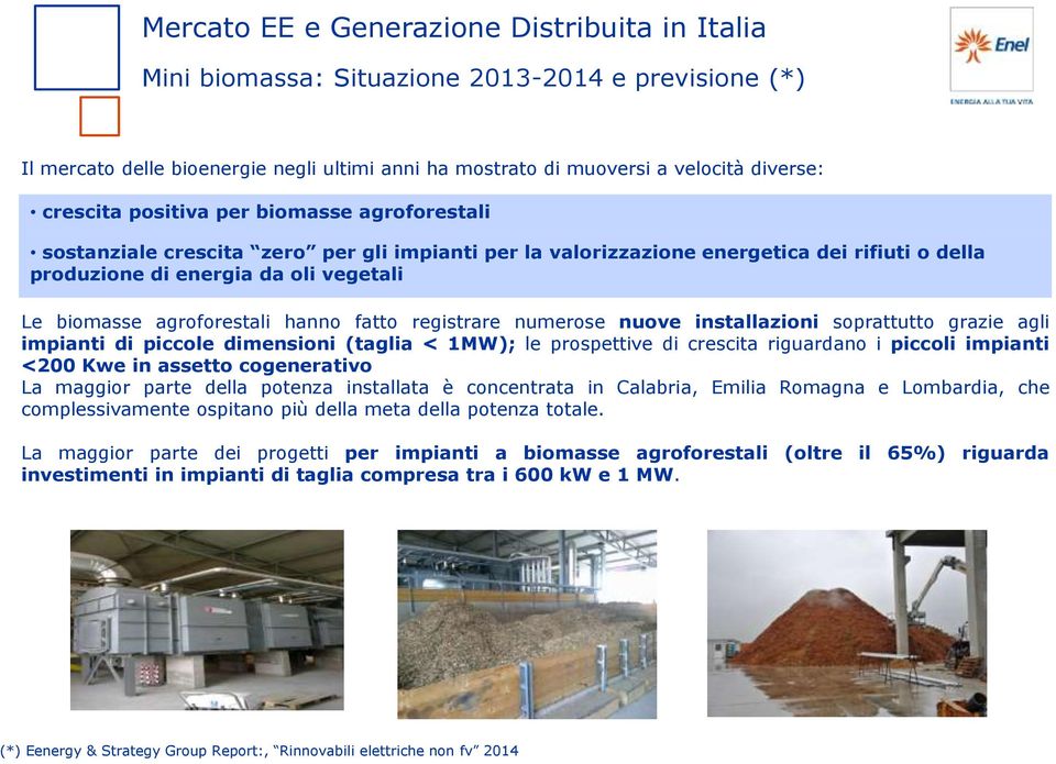 hanno fatto registrare numerose nuove installazioni soprattutto grazie agli impianti di piccole dimensioni (taglia < 1MW); le prospettive di crescita riguardano i piccoli impianti <200 Kwe in assetto