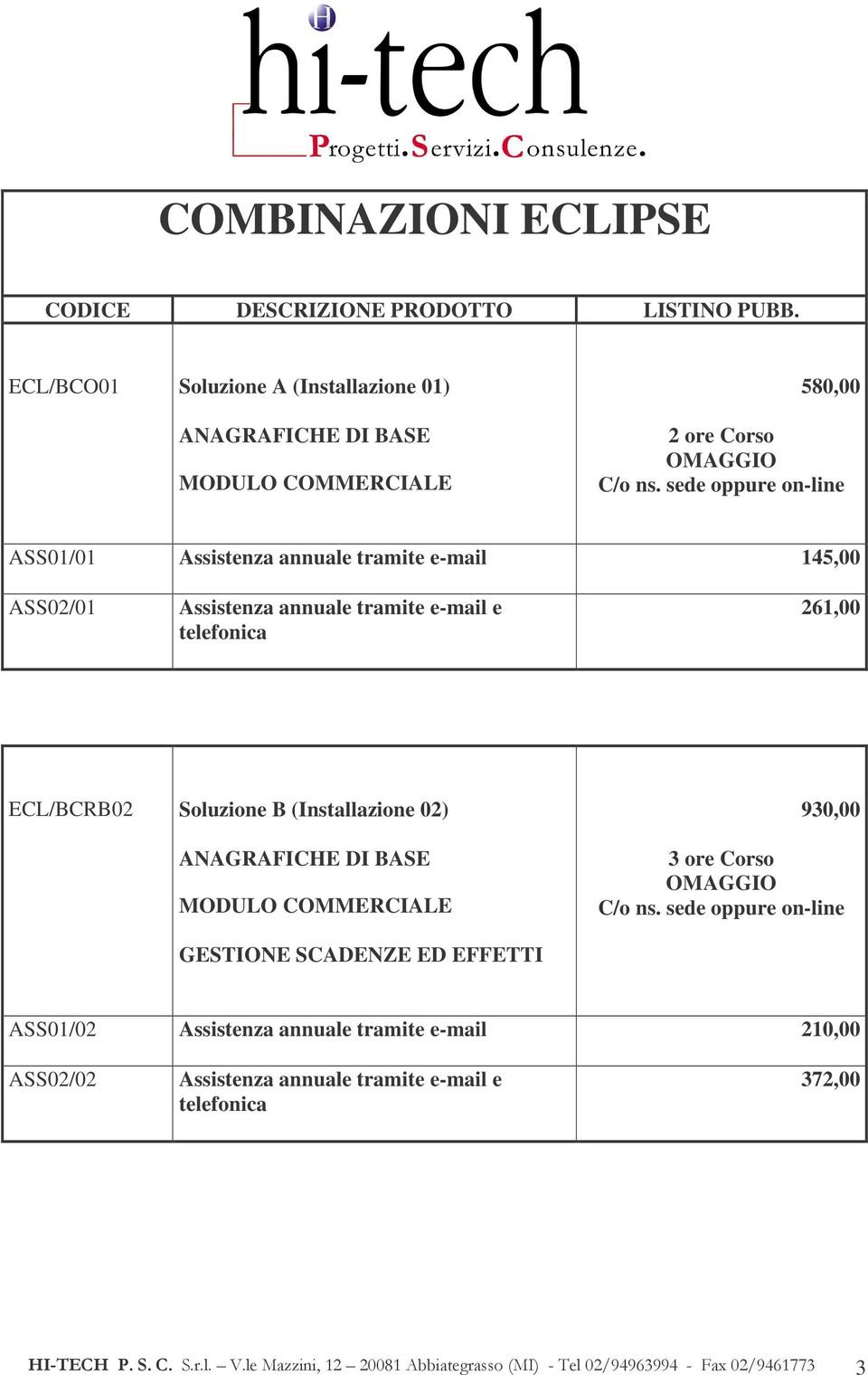 tramite e-mail 145,00 ASS02/01 261,00 ECL/BCRB02 Soluzione B (Installazione 02) 930,00 3