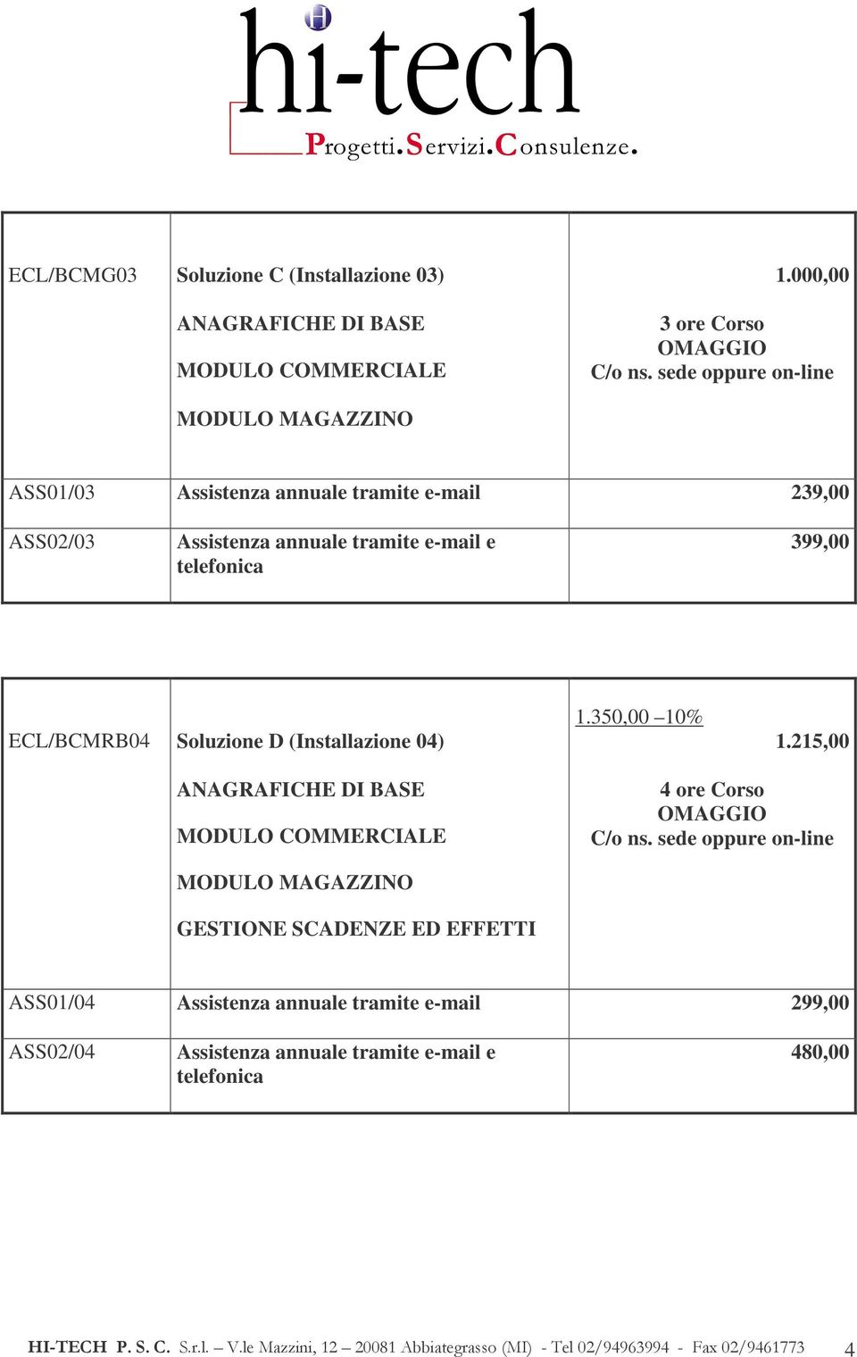 ASS02/03 399,00 ECL/BCMRB04 Soluzione D (Installazione 04) 1.350,00 10% 1.