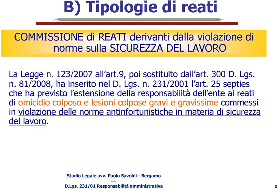 25 septies che ha previsto l estensione della responsabilità dell ente ai reati di omicidio colposo e lesioni colpose gravi e