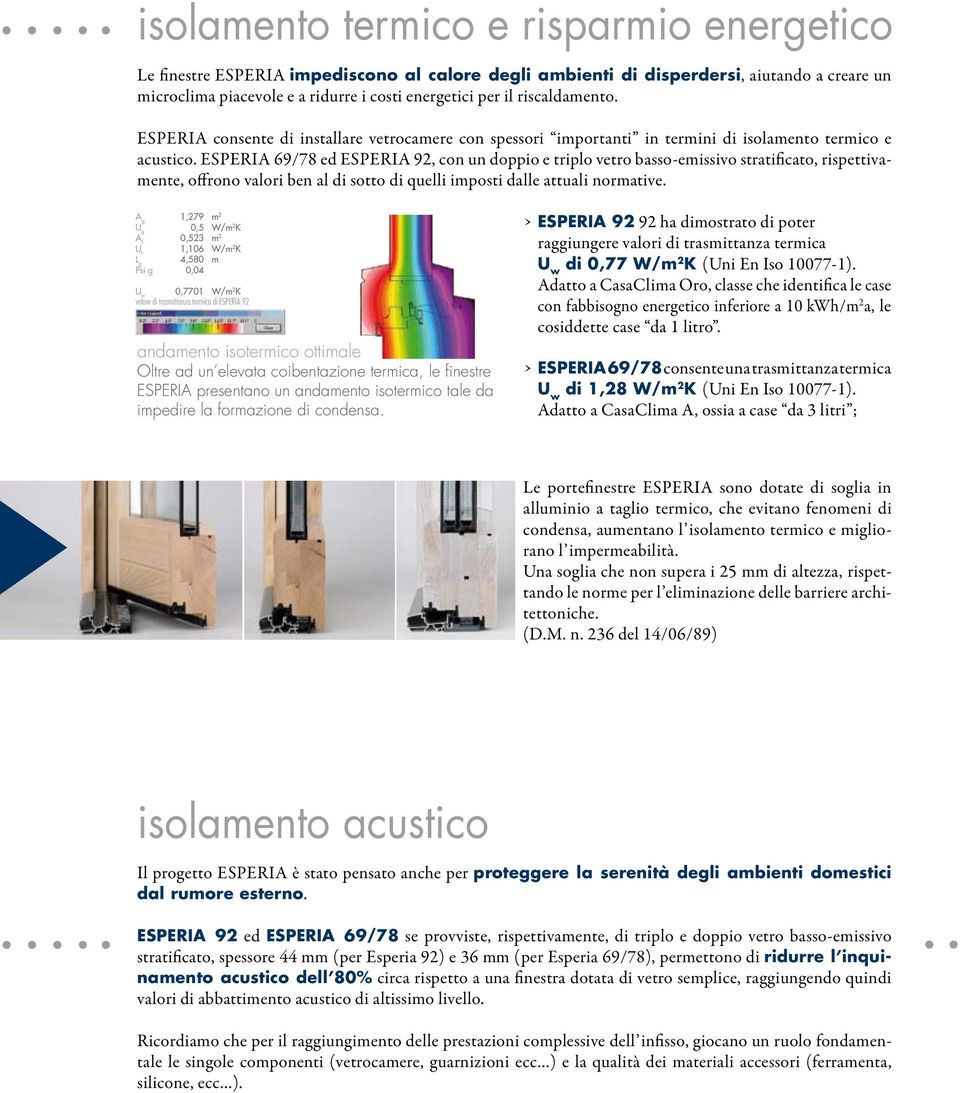 ESPERIA 69/78 ed ESPERIA 92, con un doppio e triplo vetro basso-emissivo stratificato, rispettivamente, offrono valori ben al di sotto di quelli imposti dalle attuali normative.