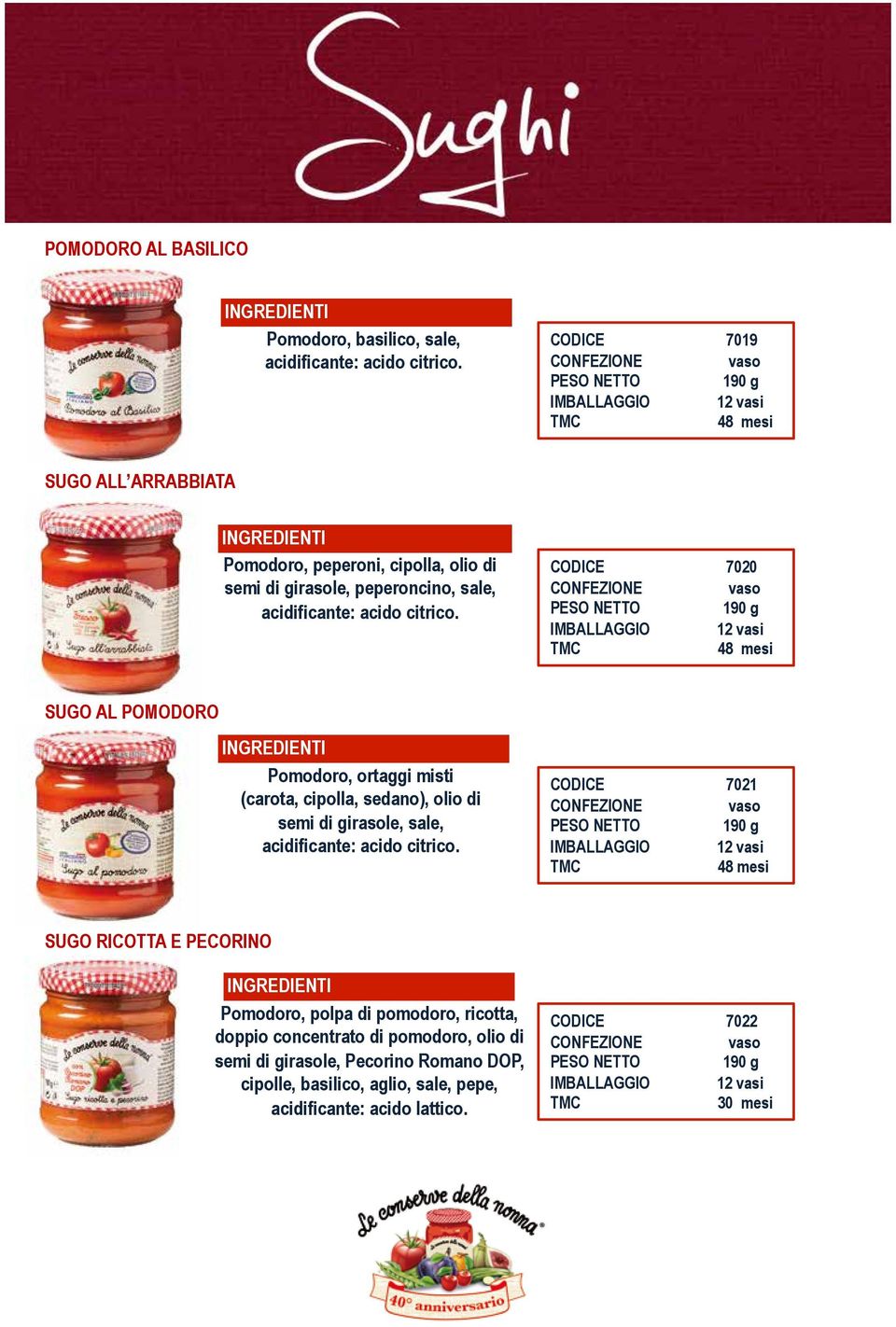 CODICE 7020 SUGO AL POMODORO Pomodoro, ortaggi misti (carota, cipolla, sedano), olio di semi di girasole, sale, acidificante: acido citrico.