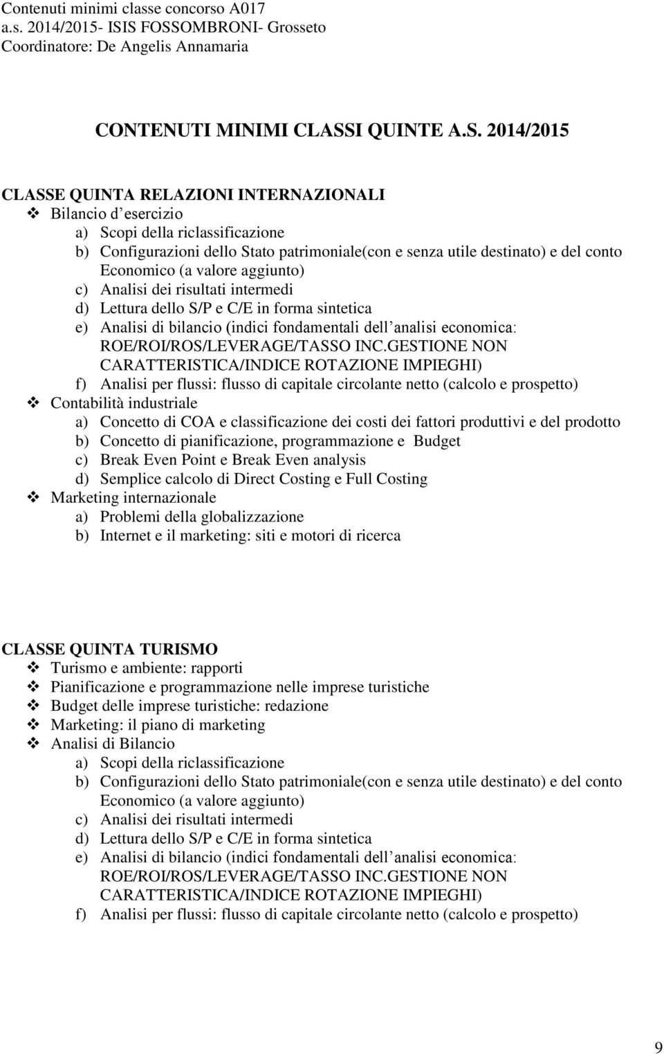 2014/2015 CLASSE QUINTA RELAZIONI INTERNAZIONALI Bilancio d esercizio a) Scopi della riclassificazione b) Configurazioni dello Stato patrimoniale(con e senza utile destinato) e del conto Economico (a