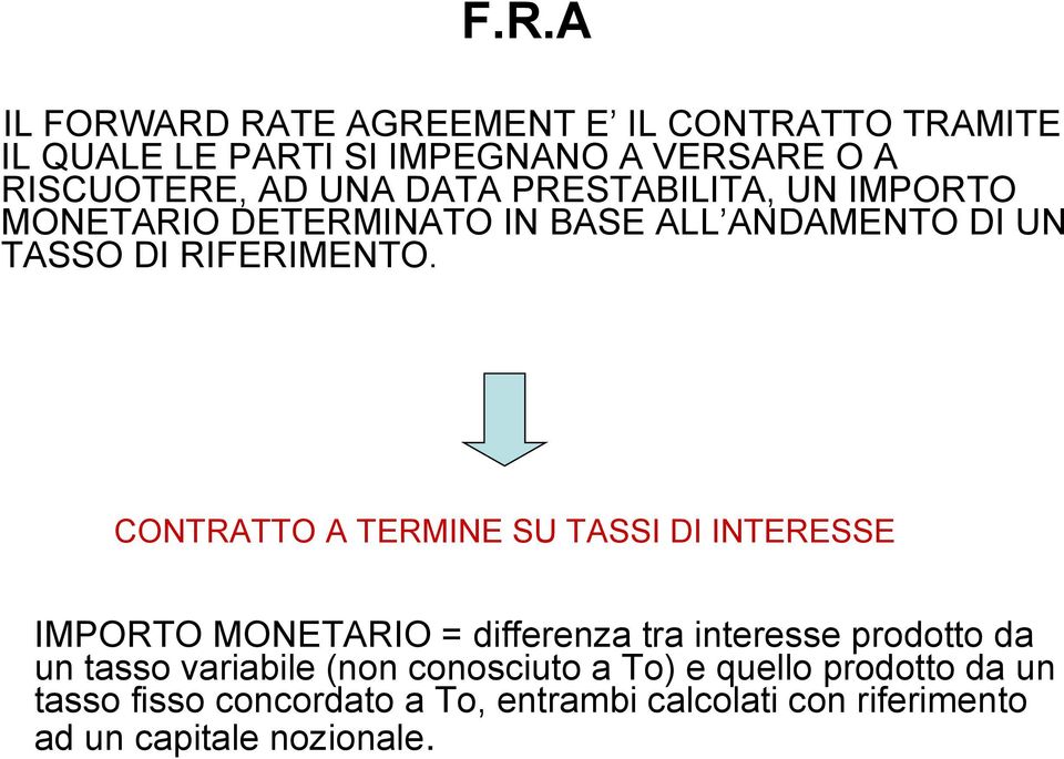 CONTRATTO A TERMINE SU TASSI DI INTERESSE IMPORTO MONETARIO = differenza tra interesse prodotto da un tasso variabile