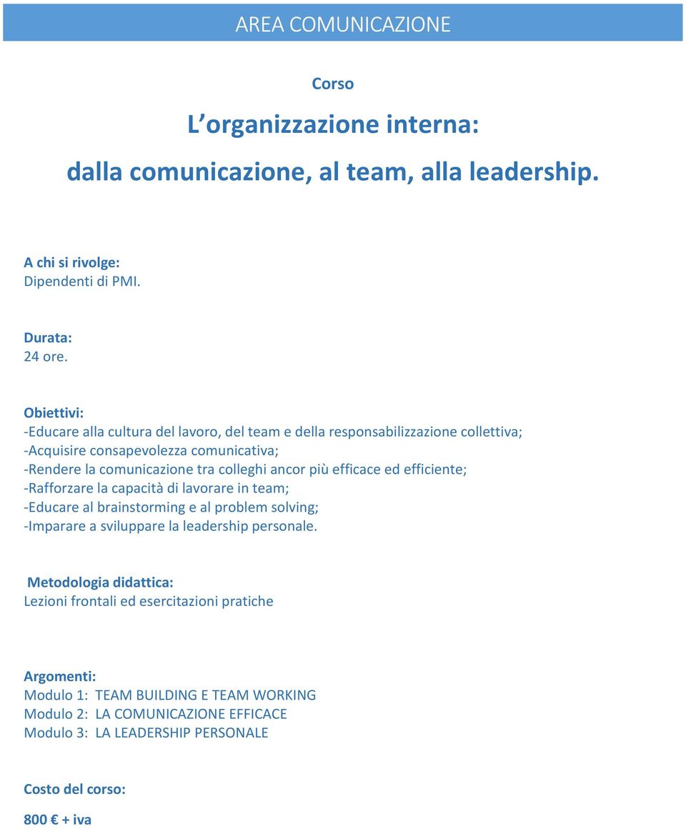 colleghi ancor più efficace ed efficiente; -Rafforzare la capacità di lavorare in team; -Educare al brainstorming e al problem solving; -Imparare a